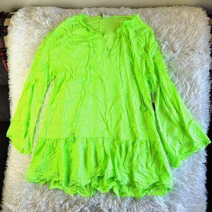 Ibiza Swimwear Womens Tunic Coverup Size XL Neon Green Tassle Drawstring NWT